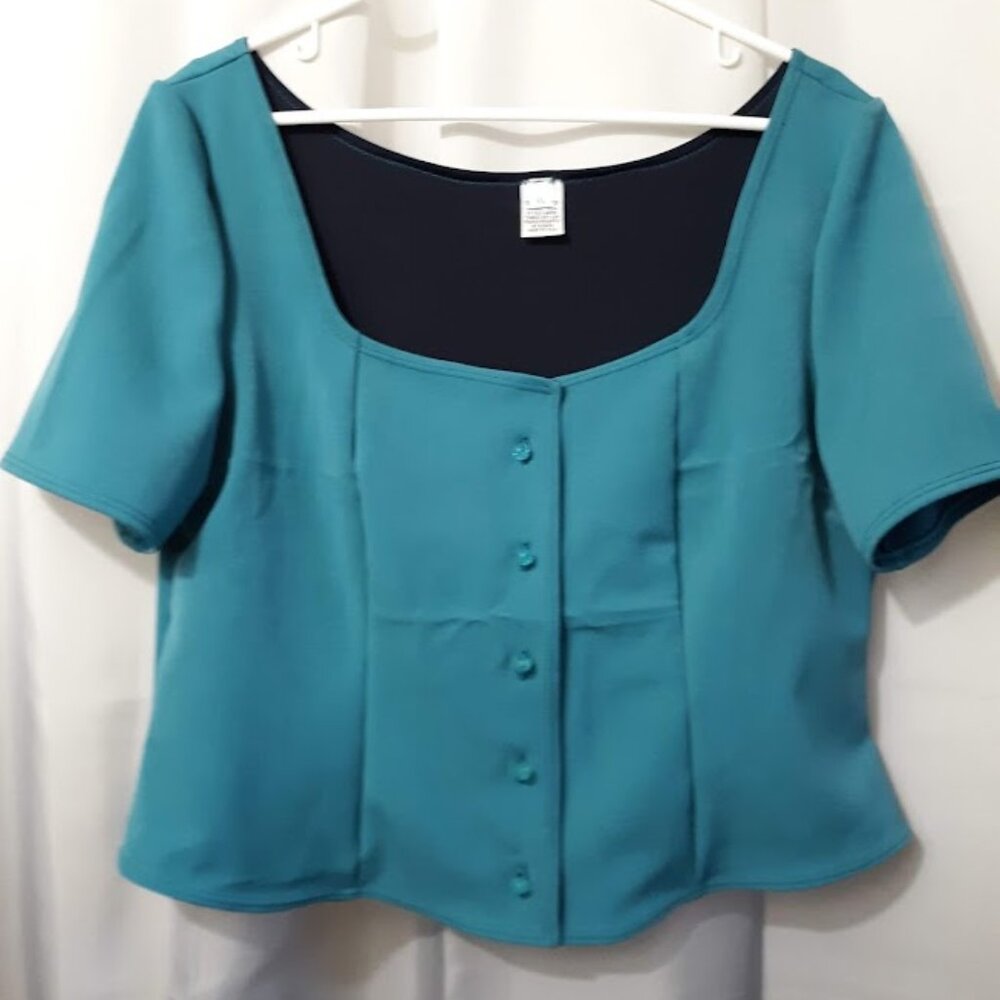 New Dressy Button up Vest Blouse XL Teal Stretch knit U neck short sleeve Soft